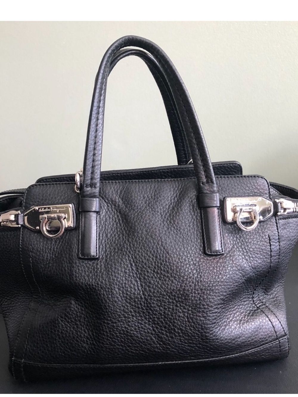 Salvatore Ferragamo Verve Double Zip Black Leather Gancini Tote Bag
